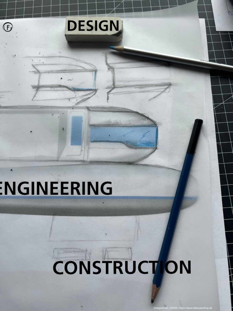 Designing the research catamaran NOVA. The design process at FELLERyachting is both, traditional hand drafting, and CAD.