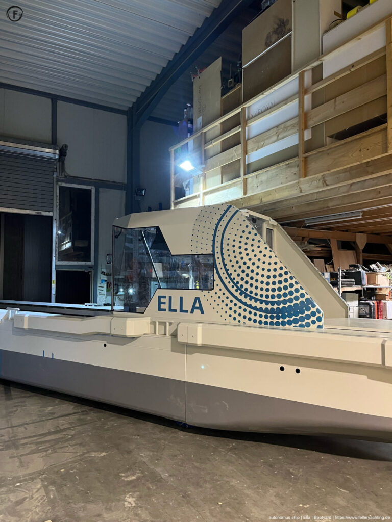 ELLA ,15m, autonomous Ship, leaving production place at FELLERyachting Witten, Germany, ready to get launched.