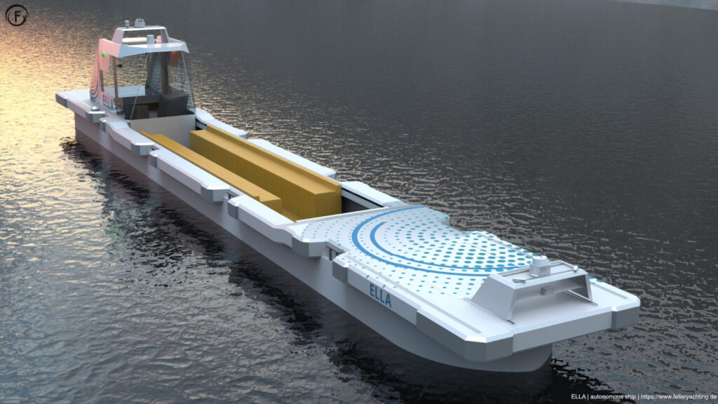 ELLA research vessel for autonomous navigation on inland waterways. Designed and build by Uwe Feller for his customer DST Duisburg.