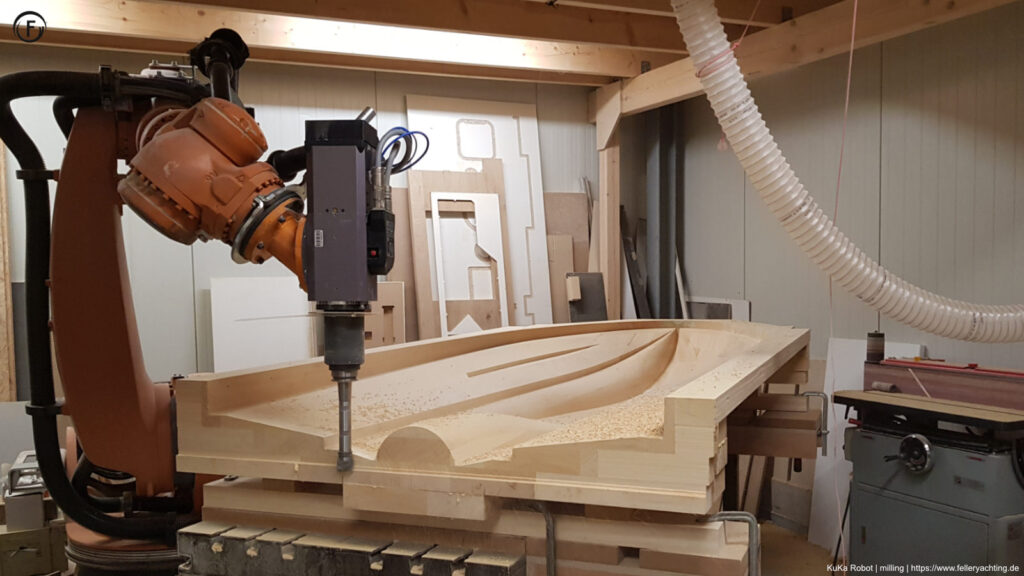 one of our two KuKa robots, with its 15kW spindel, used for milling plugs and moulds, cutting sheets and patterns.