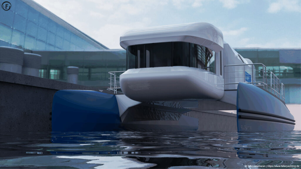 Designing the Catamaran NOVA. First rendering, first real impression of the modern yacht, in its outstanding futuristic design.