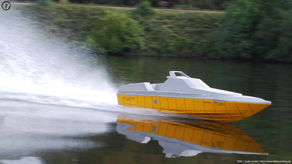 Freerunning scale model, equipped with telemetric devises and sensors. Highspeed, seakeeping and propulsion test. These models and investigations are a specialty of Uwe Feller