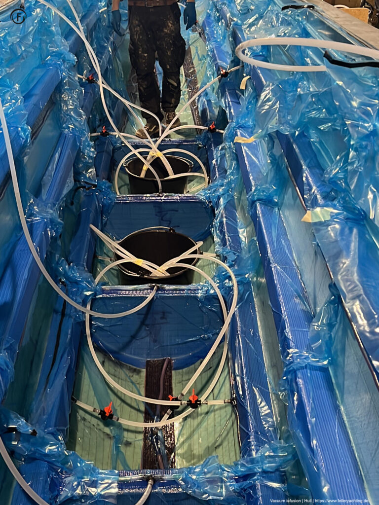 Vaccum bagged and epoxy infused, 49ft Hull. All structures in one infusion